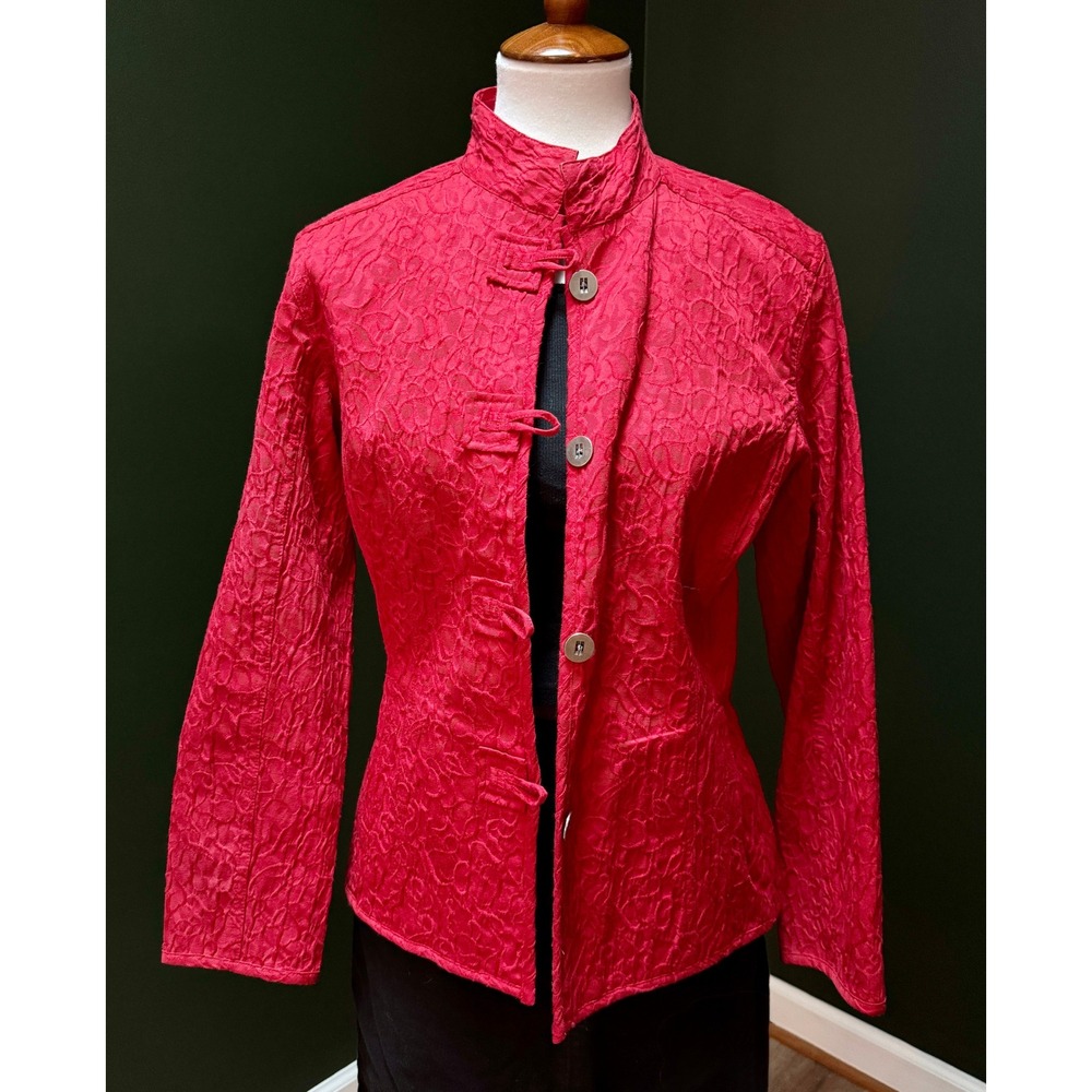 Chico's Red Floral Textured Button Up Mandarin Collar‎ Jacket Women's Size 1